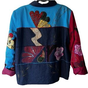 Women's XL Embroidered Blazer Jacket Abstract Grandmacore Patchwork Boho Artsy